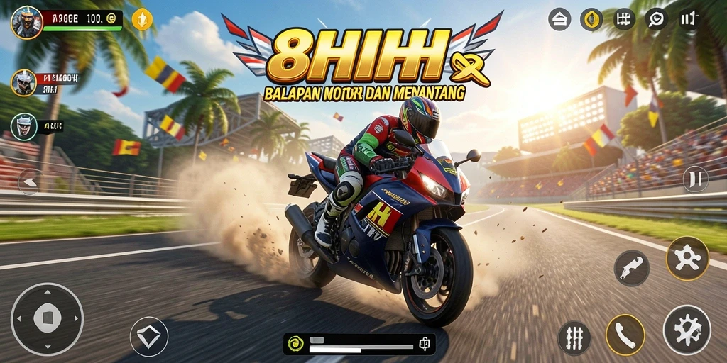 Screenshot menunjukkan aksi balapan motor yang seru di 8HHH.