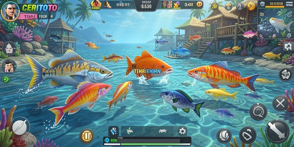 Tampilan gameplay CERITOTO dengan aksi menembak ikan yang seru.