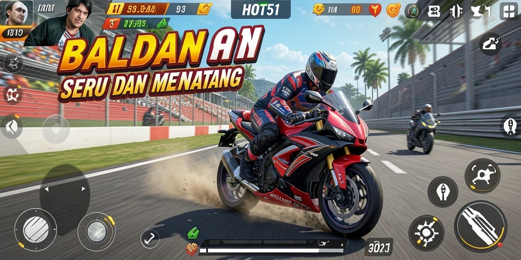 Gameplay HOT51 dengan balapan motor yang seru dan menegangkan.