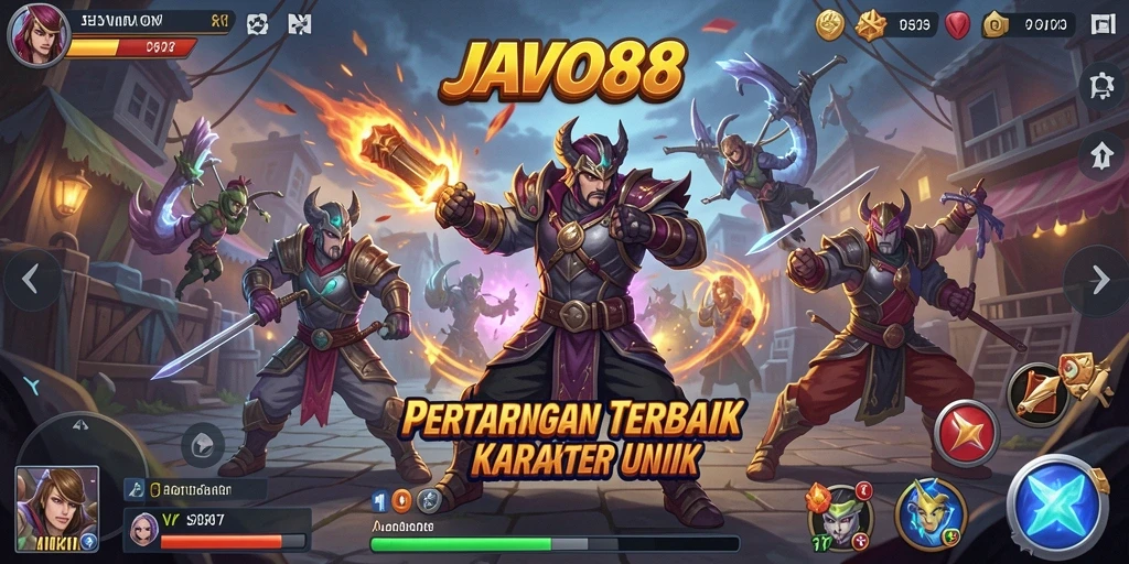 Screenshot JAVO88 menunjukkan aksi pertarungan yang seru dan karakter yang penuh warna.