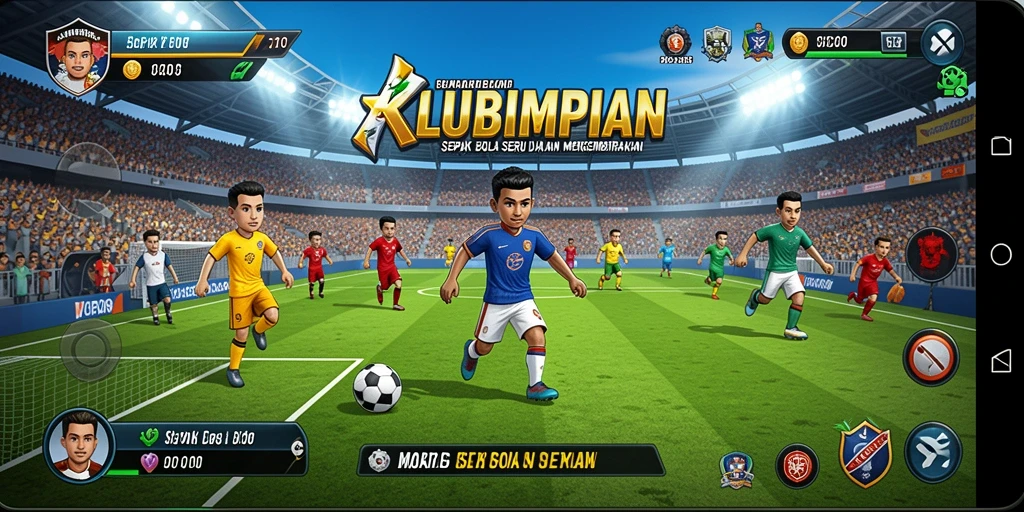 Tampilan utama gameplay KLUBIMPIAN dengan aksi sepak bola yang seru.