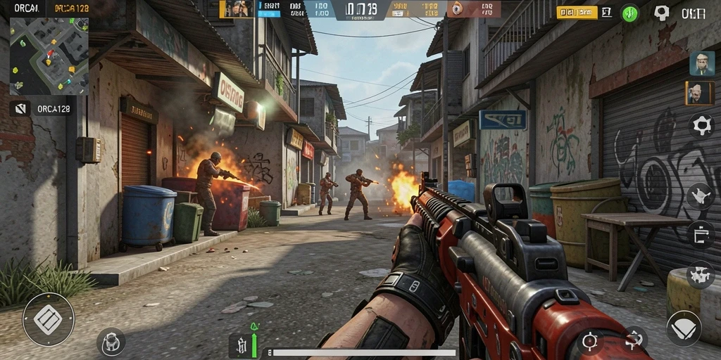 Screenshot gameplay ORCA128 menampilkan aksi pertarungan yang seru.