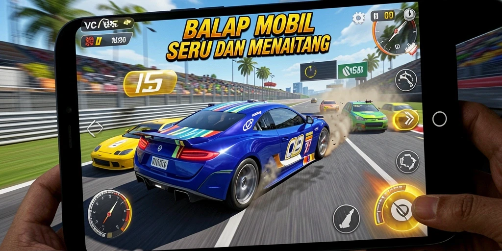 Screenshot VC55 menampilkan aksi balap mobil yang seru dan mendebarkan.